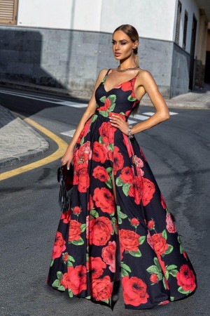 Nina dress black with red flowers